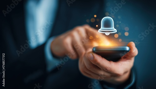 Entrepreneur Using Smartphone With Virtual Bell Ringing For Application Notification Alert. Social Media And Internet Network Alerts For Email, Telephone, Chat, And Shopping.