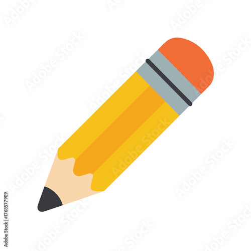Yellow school pencil with eraser icon on a white background for writing, drawing, and office education design