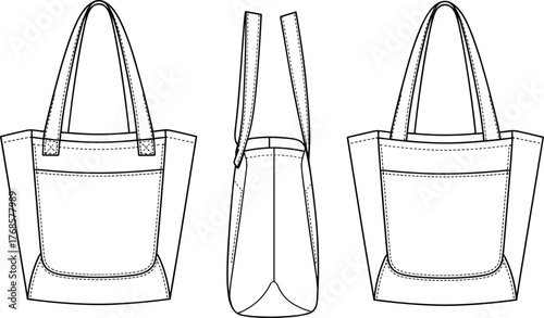 Tote bag technical drawing, front side back view, fashion CAD sketch, handbag design vector, accessory illustration, cad drawing flat vector illustration