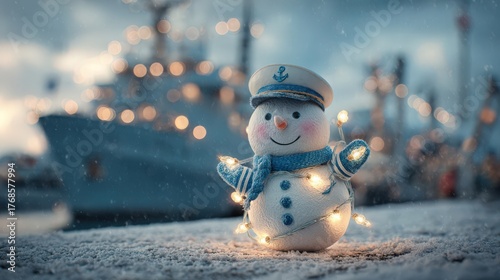 A snowman wearing a sailor hat and scarf stands on a snowy surface. Soft lights are wrapped around it. A blurred ship is in the background.