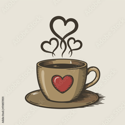 Hot espresso coffee cup illustration with a heart logo design for cafe breakfast morning aroma