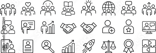 Business and teamwork line icon set. Vector pictograms of leadership, productivity, collaboration, work life balance, brainstorming, and employee communication thin linear illustration