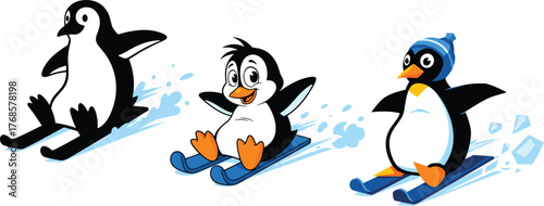 Cute penguins skiing on ice, winter sports illustration, happy cartoon penguins sliding on snow, fun cold season animal adventure art