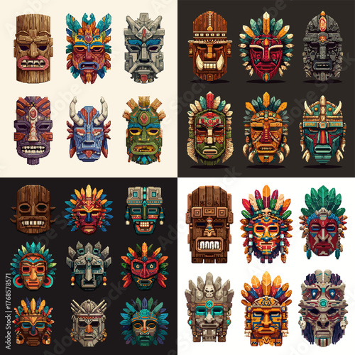 Colorful tribal mask illustration inspired by indigenous and totemic art. Ideal for cultural design, festival decoration, or fantasy character and tiki artwork.
