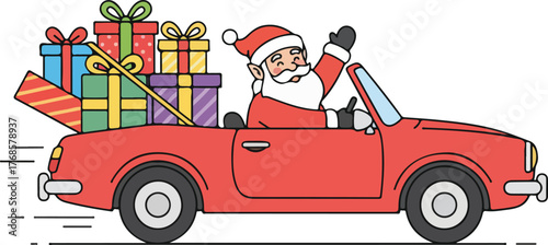  Flat vector Santa driving red car full of gifts, white background, fun minimal style..