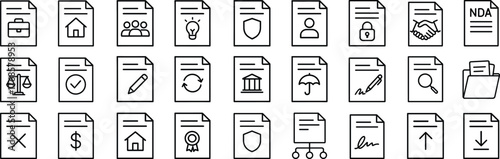 Business contract and legal document line icon set. Vector pictograms of NDA, digital signature, compliance, insurance, payment terms, and upload download paper files thin linear illustration