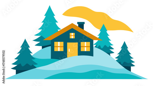 Cozy winter cabin surrounded by pine trees and snow