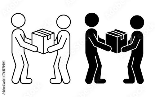 Two People Carrying a Box Together Symbolizing Teamwork and Collaboration in Delivery Services and Business Operations Represented in Black and White