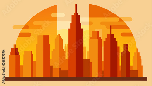 Modern city skyline silhouette at sunset with warm orange hues