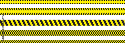 Construction border. Warning caution sign. Black and yellow line. Vector collection. Caution warning barrier tape sign for web site road warning