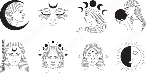 Abstract Woman Portrait With Lunar Phases Stars and Space Elements Vector Graphics Set