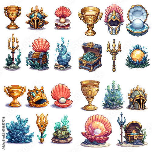 Beautiful fantasy pixel art set with golden treasures, pearls, shells, coral, and tridents. Ideal for underwater adventure games, mythology concepts, or fantasy design.