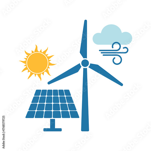 Renewable energy sources icon set featuring solar panel wind turbine and sun for sustainable power generation technology and environmental conservation