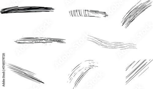 Collection of abstract black brush stroke and line graphic elements, isolated on transparent background