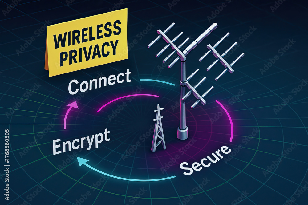 Naklejka premium Wireless privacy connect encrypt secure wireless antenna tower network security data protection signal encryption safeguard