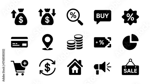 Financial and shopping icons set representing transactions investments and sales