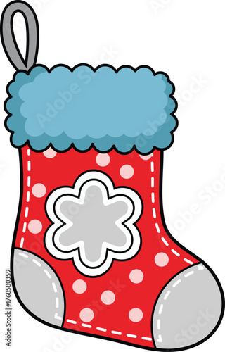 Cute cartoon red christmas stocking with white polka dots and blue trim for holiday gifts