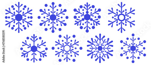Isolated blue geometric snowflakes. Vector icon set, selection of different snow symbol silhouettes. Variations of winter precipitation in flat style. Christmas holiday design.