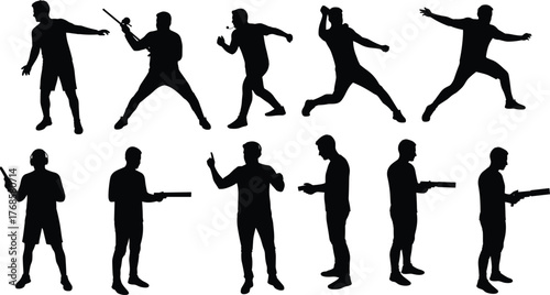 Silhouette of man in various action poses, holding objects, weapon stance, sport motion, dynamic movement, black vector illustration