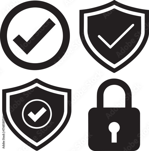Security verification and protection symbols vector illustration set in black