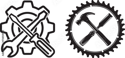 Two stylized icons representing tools and mechanical engineering with gears and saw blades
