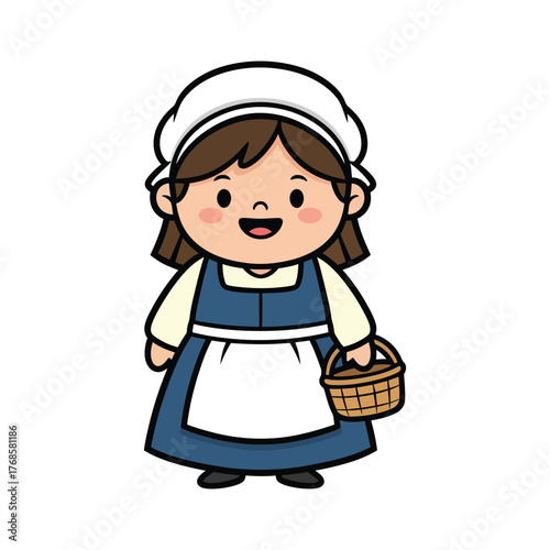 Cartoon Style Full Body Pilgrim Girl Illustration Holding Basket