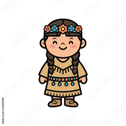 Cute Cartoon Style Native American Girl with Flower Crown Illustration