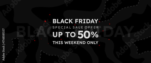 Minimal Black Friday horizontal background. Black Friday typography banner with black and dark gray patterns. Modern, simple poster for Black Friday deals, online store sales, or web headers.