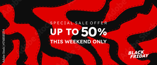 Black Friday banner with a red zebra skin motif. Modern creative banner for Black Friday sale special offer for this weekend only. Great background for business, social media and online stores