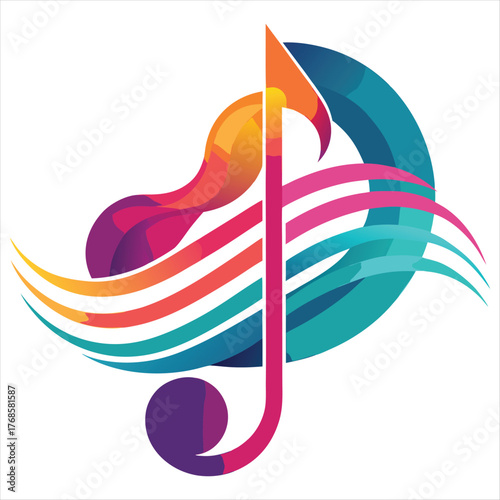 Colorful music note logo with abstract waves isolated on white background for music event, festival, concert, or music school promotion