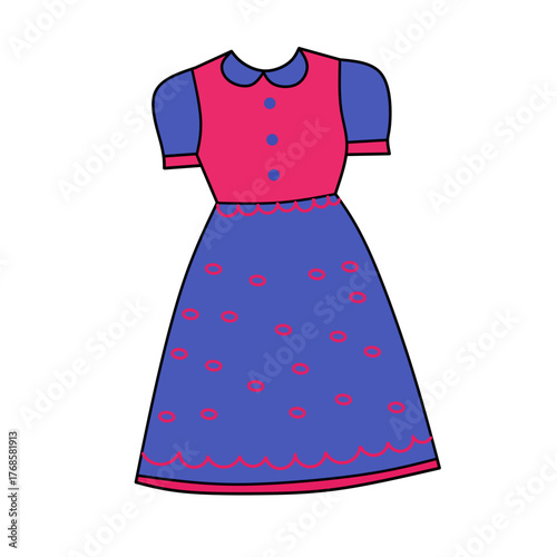 Dress Illustration: A vividly colored dress with a round collar and buttoned bodice stands, showcasing a classic and feminine design. The intricate details evoke charm and fashion.