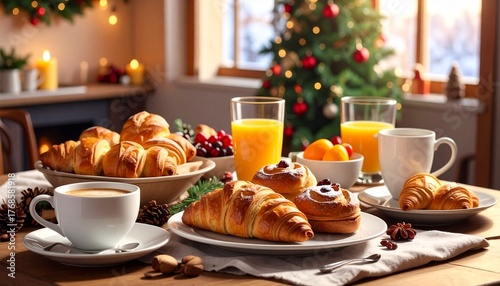 Breakfast Table Setup with Pastries and Christmas Tree Background at Home