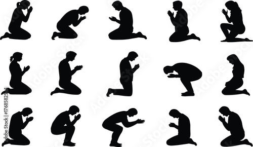 Prayer silhouette, kneeling pose, spiritual gesture, meditation moment, religious devotion, vector illustration, black graphic, 