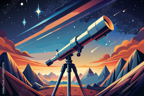Telescope gazing at a starry sky over mountains