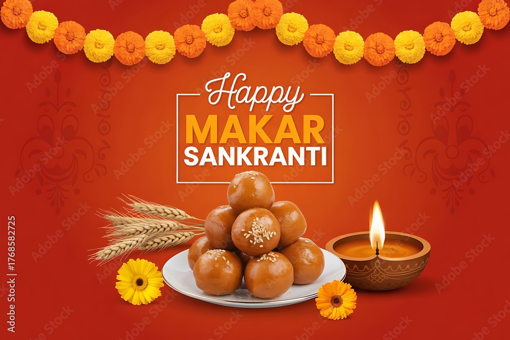Fototapeta premium Happy makar sankranti greeting card with sweets, diya, and wheat on red background