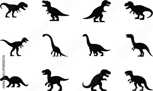 Dinosaur silhouette, prehistoric creature, fossil vector, Jurassic design, black graphic, ancient species, evolution illustration, reptile shape, paleontology icon, extinction eraDinosaur silhouette