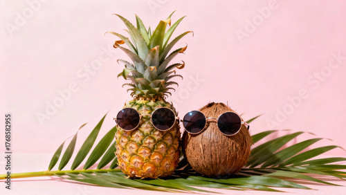 Pineapple and coconut with sunglasses resting on tropical leaves against a pastel background. menu design, packaging mockups, designed for food delivery and cloud-kitchen brand materials.