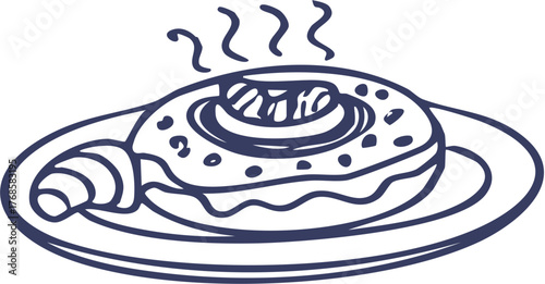 Hand-drawn Steaming Breakfast Pastry with Butter and Croissant on a Plate.