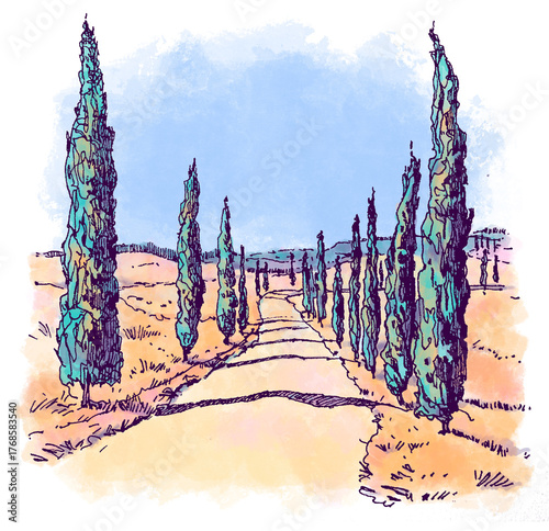 Sketch illustration colorful landscape of the road with cypress in Tuscany, Italy, Europe. Freehand digital drawing of Italian village cartoon landscape. Hand drawn postcard. Watercolor background