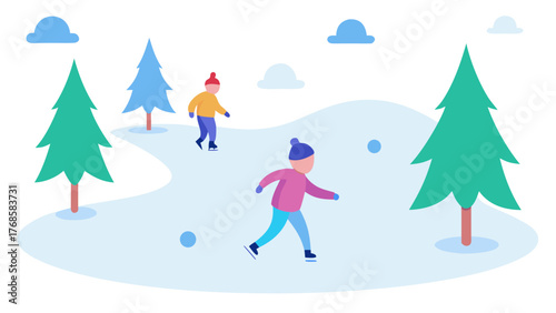 Children ice skating and playing in the snow with trees and clouds