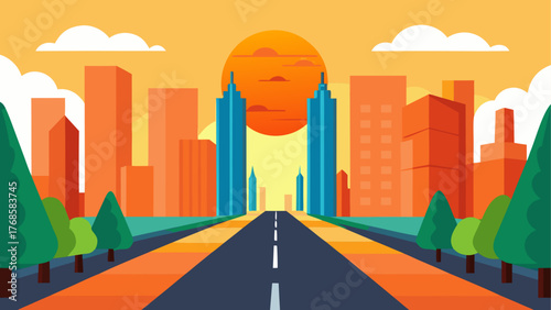 Flat design illustration of a road leading to a modern city skyline at sunset