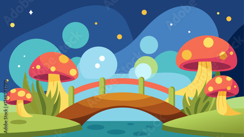 Whimsical fantasy landscape with giant mushrooms and a bridge at night