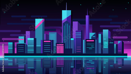 Vibrant neon cityscape at night with water reflection
