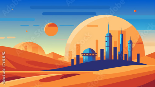 Futuristic alien city on a desert planet with two suns