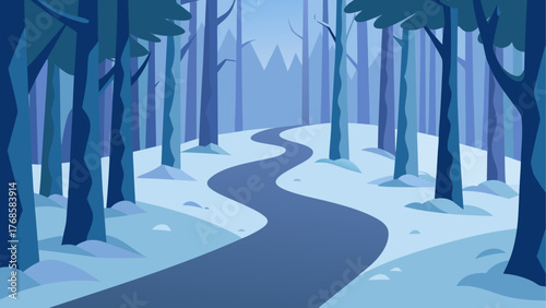 Winding path through a blue winter forest landscape