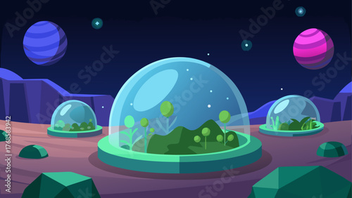 Alien planet landscape with biodomes and colorful planets in the night sky