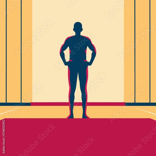 Silhouette of a muscular person standing confidently on a stage