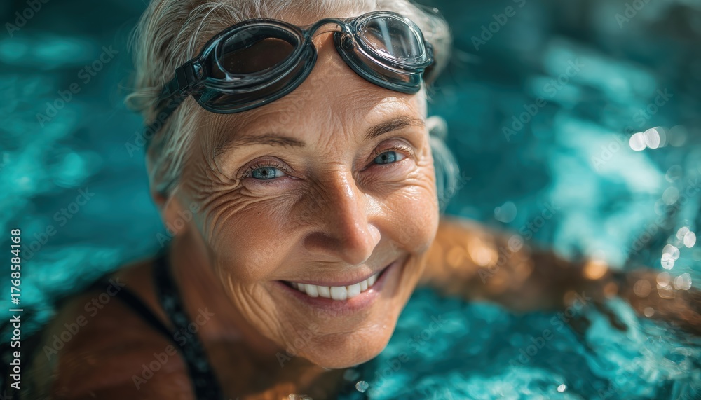 Fototapeta premium Active Retiree Enjoys Swimming On A Sunny Day, Smiling Out Of The Pool With Swimming Goggles And Cap In Hand.