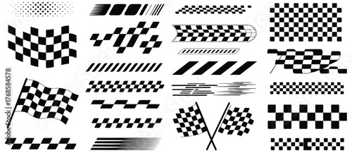 AdoBlack and white checkered pattern set with racing flags, speed effects, automotive graphic elements for car decals, motorsport illustration pack, finish line icons, high-energbe Illustrator Artwork