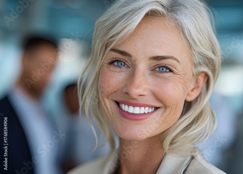 a close-up of an elegant blonde woman in her fifties, smiling and looking at the camera with joy as she stands amidst blurred business people moving around inside a modern office building.